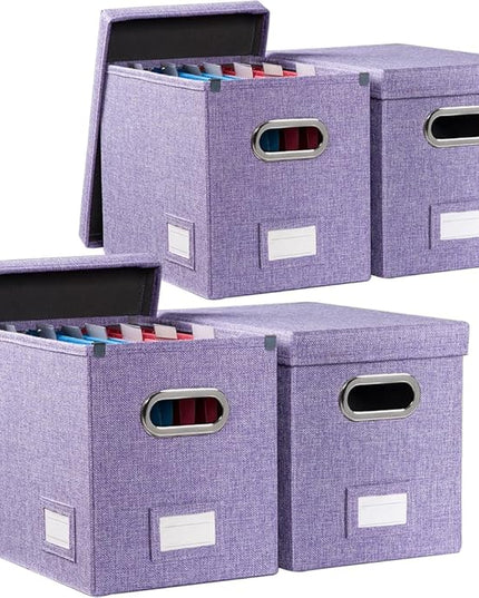 PRANDOM File Organizer Box - Set of 4 Collapsible Decorative Linen Filing Storage Hanging File Folders with Lids Office Cabinet Letter Size Purple (14x9.3x10.8 inch)
