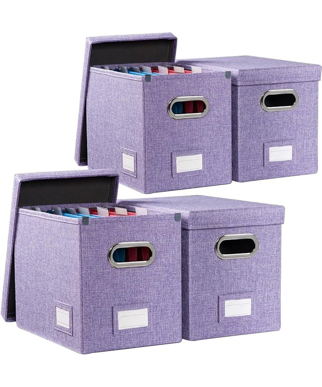 PRANDOM File Organizer Box - Set of 4 Collapsible Decorative Linen Filing Storage Hanging File Folders with Lids Office Cabinet Letter Size Purple (14x9.3x10.8 inch)