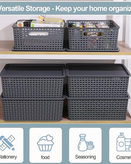 6 Pack Plastic Storage Bins with Lids, Stackable Storage Baskets with Handles, Plastic Organizer Container Bins for Desk,Shelves,Office, Pantry Organizers and Storage, Grey