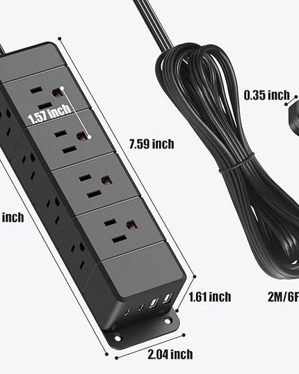 45W USB-C Fast Charging Under Desk Power Strip,12 Outlet Mountable Power Strip with 4 USB,1200J Surge Protection,6FT Flat Extension Cord Black