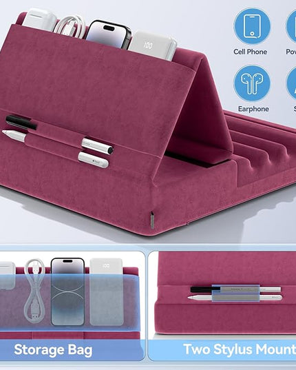 KDD Tablet Pillow Holder, Foldable iPad Stand for Lap, Bed and Desk -Tablet Soft Pad Dock with Pocket & Stylus Mount Compatible with iPad Pro 12.9, 10.5, 9.7 Air Mini 6 5 4 3, Galaxy Tab, E-Reader