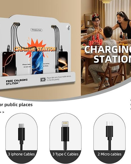 8-Port Wall Mounted Charging Station with Universal Cables – Fast Charging Dock for iPhone, Android & Type-C Devices – Perfect for Office, Airport, Hotel & School Use (White)