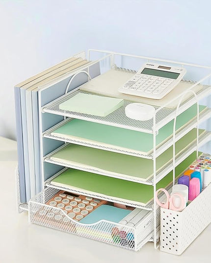 OUTIOE Desk Organizer with Drawer and Pen Holder, 5-Tier Paper Letter Tray Organizer with File Holder, Suitable for Workspace Organizer Office Supplies Storage (White)