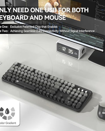 FOPETT Wireless Keyboard and Mouse Combo - Cute Colorful Mouse and Keyboard 2.4G Full-Sized with 104 Round Keys Retro Typewriter Keyboards for Laptop/Windows/PC - Grey Gradient