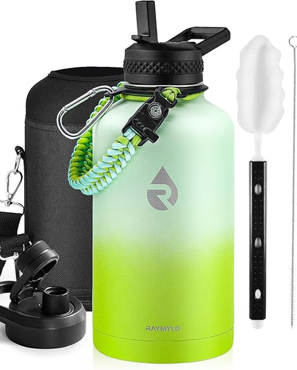 Insulated Water Bottle 64 oz, Triple Wall Vacuum Stainless Steel (Cold for 48 Hrs), Leak Proof & Non-BPA, Half Gallon Water Flask Jug with Paracord Handle & Straw Spout Lids