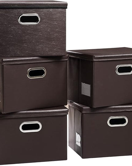 PRANDOM Foldable Storage Bins with Lids [5-Pack] Leather Fabric Collapsible Storage Boxes Organizer Containers Baskets Cube with Cover for Bedroom Closet Office Nursery Brown (14.9x10.8x10)