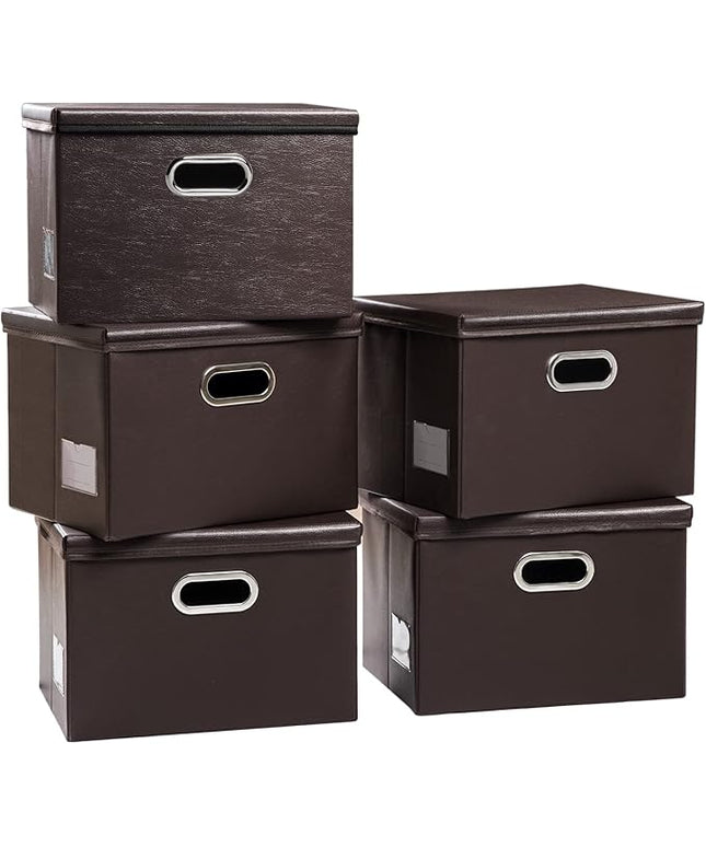 PRANDOM Foldable Storage Bins with Lids [5-Pack] Leather Fabric Collapsible Storage Boxes Organizer Containers Baskets Cube with Cover for Bedroom Closet Office Nursery Brown (14.9x10.8x10)