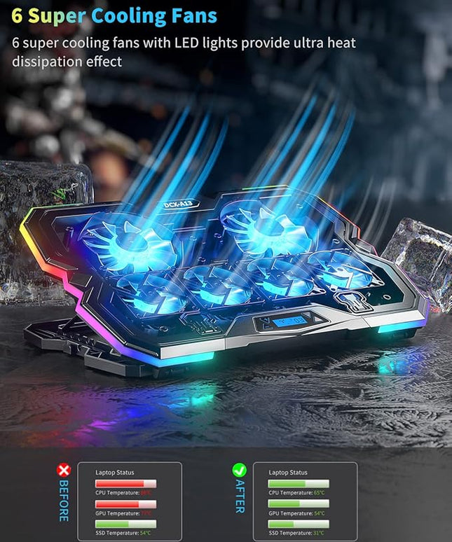 KeiBn Upgrade Laptop Cooling Pad A13,RGB Lights Laptop Cooler 6 Fans for up to 15.6 Inch Laptops,10 Modes Light, 7 Height Stands, 2 USB Ports - Blue
