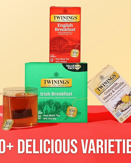 Twinings English Breakfast Black Tea Individually Wrapped Bags, 25 Count (Pack of 6), Flavourful, Robust Black Tea, Caffeinated, Enjoy Hot or Iced, 150 Teabags