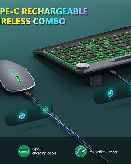 JOYACCESS Ergonomic Wireless Backlit Keyboard with Phone Holder,Rechargeable Wireless Keyboard Mouse Combo with Light Up Keys for for Laptop, PC, Mac, Windows-Grey