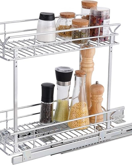 OCG Slide Out Cabinet Organizer for Narrow Cabinet (5" W X 17" D), 2 Tier Pull Out Shelves Slim Sliding Cabinet Organizer and Storage, Chrome