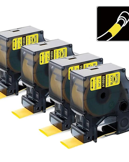 Compatible Industrial Label Tape Replace for DYMO Rhino 18058 Black on Yellow 19mm Heat Shrink Tube Label Tapes 3/4'' x 5' for DYMO Rhino 4200, 5000, 5200, 6000 Label Makers,4-Pack