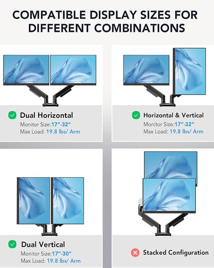 AX WABER Dual Monitor Stand, Adjustable Monitor Desk Mount for 17″–32″ Computer Screens, Full Motion VESA 75x75/100x100 with C-Clamp & Grommet Aluminum Base, Each Arm Holds 4.4 to 20 lbs AX09DB201