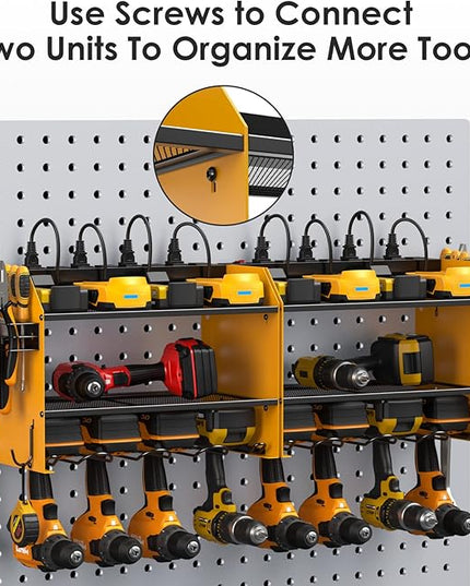 CCCEI Modular Power Tool Organizer Wall Mount with Charging Station. Garage Drill Storage Shelf with Hooks, Heavy Duty Rack, Tool Battery Holder Built in 8 Outlet. Gift for Men. Yellow, 2 Pack.