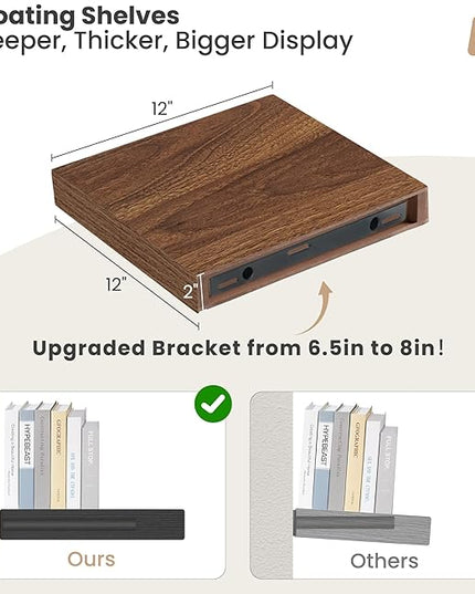 Heimlove 12 Inch Deep Floating Shelves, 12 x 12 inches Long Wall Shelf, Large Extra Display Shelf & Storage Shelf, Rustic Wood Wall Shelves for Fireplace Mantel, Walnut - 2Pack