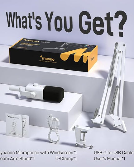 MAONO XLR/USB Gaming Microphone Kit: Dynamic PC Mic for Streaming Podcasting, Software Support, Mute Button, Gain Control, RGB Computer Mic with Boom Arm Stand, for Recording, PS4/PS5, PD100XS White