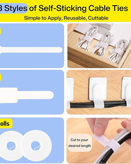 [313Pcs] Cable Management Kit, 67 Adhesive Cable Clips, Topavatop Desk Cord Organizer, 22 Reusable Cable Strap, 4 Cable Sleeve Split, 200 Nylon Cable Zip Ties with 20 Mounts for TV Office Home, White