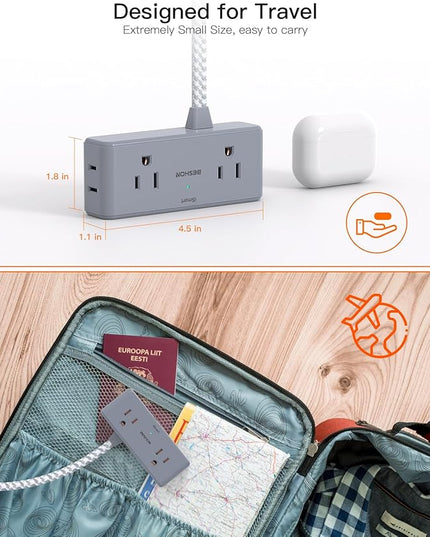 Extension Cord 10 ft, BESHON Flat Plug Power Strip, 4 Widely Outlets with 3 USB Ports (2 USB C), Extension Cord with Multiple Outlets for Home, Office, Dorm Room Essentials Gray