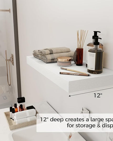 12 Inch Deep White Floating Shelves, 24 x 12 Floating Shelf for Books, Rustic Wood Deep Wall Shelves for Home Storage & Display, 2" Thicked Shelves for Kitchen, Living Room, Bedroom, 2 Pack