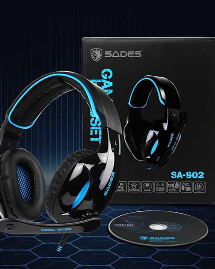 SADES SA902 Stereo Gaming Headset 7.1 USB Surround Sound PC Headsets Over-Ear Gaming Headphones with Microphone LED Light Black Blue