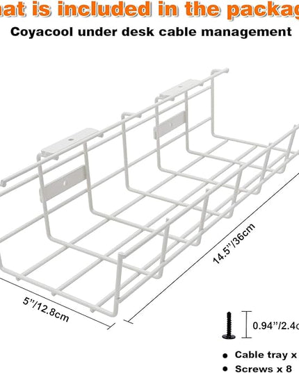 Under Desk Cable Tray - 2 Pack Cable Raceway for Wire Management. Metal Wire Organizer for Office, Studio and Home. Super Sturdy Cord Organizer for Desk - White Cable Management Under Desks