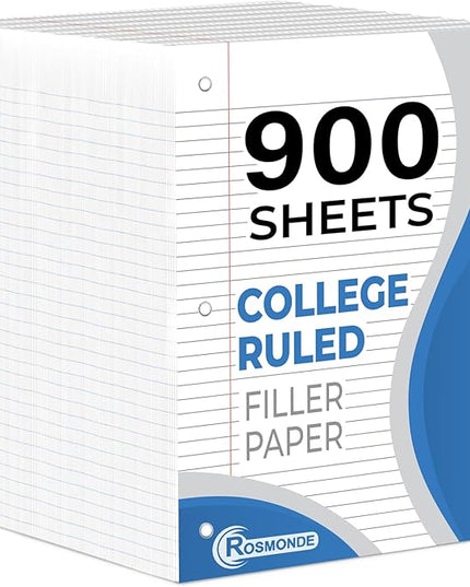 Rosmonde 6 Pack Loose Leaf Paper, 900 Sheets, College Ruled, 8" x 10.5", 56 gsm Bulk Office Filler Paper, 150 Sheets/Pack, 3 Hole Punched, College Ruled Paper for 3 Ring Binder, Notebook Paper, White