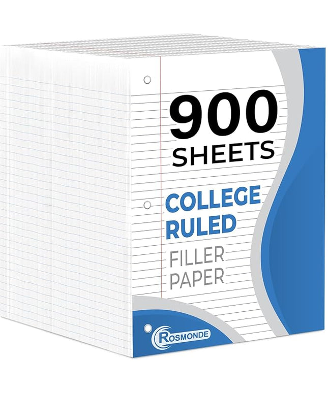 Rosmonde 6 Pack Loose Leaf Paper, 900 Sheets, College Ruled, 8" x 10.5", 56 gsm Bulk Office Filler Paper, 150 Sheets/Pack, 3 Hole Punched, College Ruled Paper for 3 Ring Binder, Notebook Paper, White