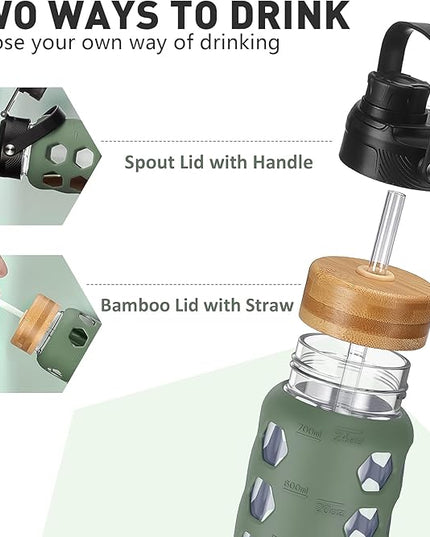 MUKOKO Glass Water Bottles, 24oz Glass Tumbler with Straw, Drinking Bottles with 2 Lids-Handle Spout Lid&Bamboo Straw Lid, Motivational Water Bottle with Time Marker and Silicone Sleeve, 1 Pack-Olive