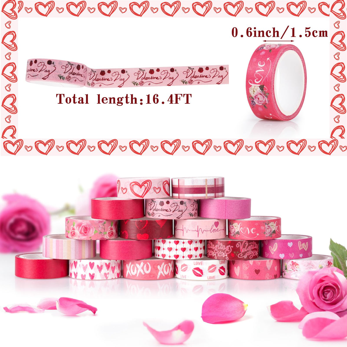 Abilat 20 Rolls Valentine's Day Washi Tape Red Pink Heart Love Masking Tape for Wedding Romantic Scrapbook DIY Craft Valentines Decorative Duct Tape for Journaling Giftwrap Tape Supplies