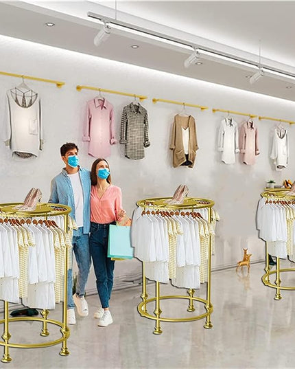 Freestanding Round Garment Display Retail Rack, Floor-Standing Double Space Multi-Purpose Metal Shelf for Clothes Storage, Commercial Clothing Organizer in Retail Boutiques and Bedroom