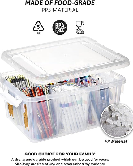 loobuu 17QT Plastic Storage Bins with Lids - 1 Pack Art Craft Supply Organizer Box with Brush Pot for Kids, Stackable Clear Pen Container for Toy/Sewing/Comestic/Tool/Playdoh (1 Pack)