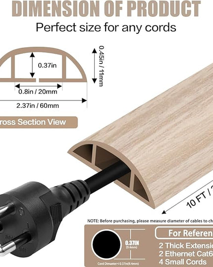Floor Cord Cover Cavity 0.8"x0.37" Self Adhesive Cord Hider, 10FT Low Profile Cable Management, Extension Strip Protector for Wires, Prevent Cable Trips for Offices, Gyms,(Wood Light Yellow)