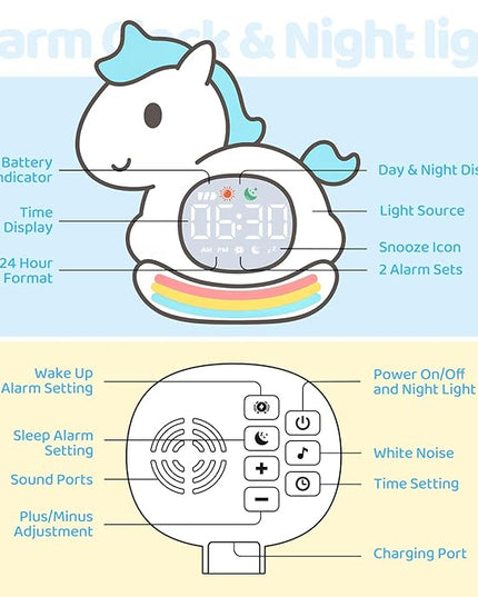 Alarm Clock with Night Light for Kids with Sleep Training and Sound Machine, Rechargeable Silicone Lamp OK to Wake Clock，Cute Animal Tabletop Lamp, Perfect Sleep Companion for Boys Girls，Blue Pony