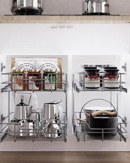 2 Tier Pull Out Cabinet Organizer 15" W X 22" D, Slide Out Drawers For Kitchen Cabinets, Pull Out Drawers For Cabinets Capacity Heavy Duty Caddy, Cabinet Pullout Shelves Chrome-Plated,Bathroom Pantry | Slide Out Drawers, For Kitchen Cabinets, Heavy Dut...