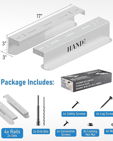 HANDT Overhead Garage Storage Rack, Connectable Heavy Duty Metal Ceiling Rails For Garage Storage Organization Shelving System, Hanging Racks For Tote Containers, Supports Up To 3 Bins, 2 Sets White