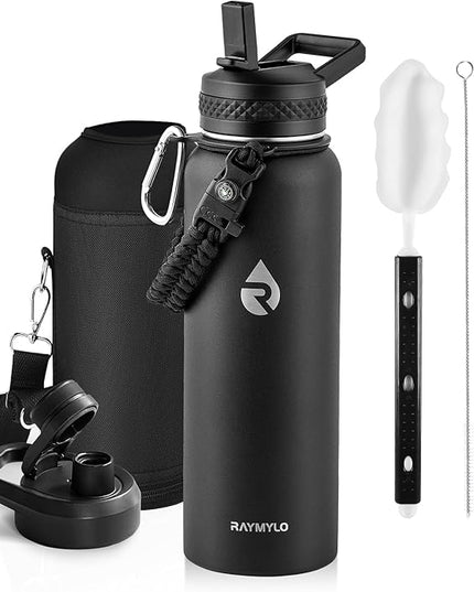 Insulated Water Bottle 40 oz, Triple Wall Vacuum Stainless Steel (Cold for 48 Hrs), Leak Proof & Non-BPA, Modern Water Flask Jug with Paracord Handle & Straw Spout Lids, Magic Black