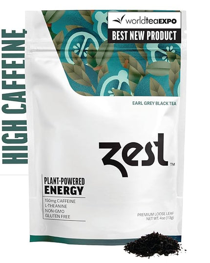 Zest 150mg High Caffeine Energy Loose Leaf Blend - Earl Grey Black Tea - 4 Oz - Hot or Iced - All Natural Strong Flavored Healthy Coffee Alternative Highly Caffeinated Substitute - Perfect for Keto