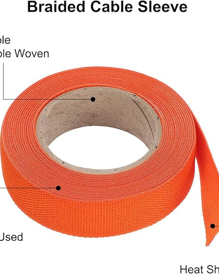 MECCANIXITY Braided Cable Sleeves Heat Shrinkable Fabric Sleeving, 5/8" 16ft Orange 2:1 Ratio Heat Shrinkable Cord Protector for Harness Cable, Network Cable Protection, Cable Management