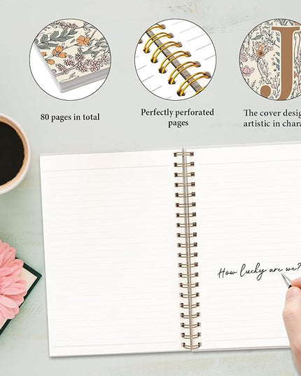 JXREQ Vintage Boho Floral Personalized Notebook, Initial Letter J Notebook Journal, Monogram Notebook, Monogrammed Gifts for Women, Boho Office Supplies, Flower Spiral Notebook 5.5x8.3