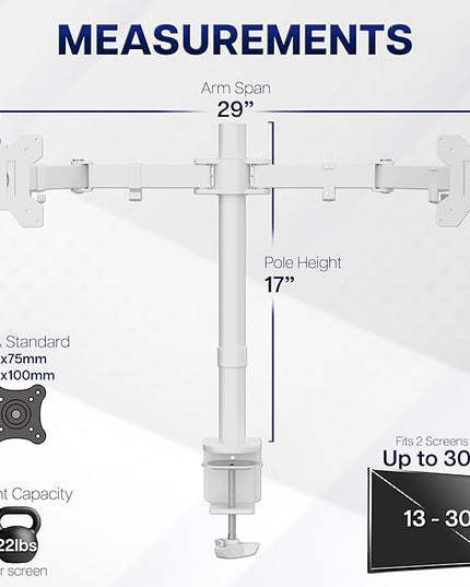 VIVO Dual Monitor Desk Mount, Heavy Duty Fully Adjustable Steel Stand, Holds 2 Computer Screens up to 30 inches and Max 22lbs Each, White, STAND-V002W
