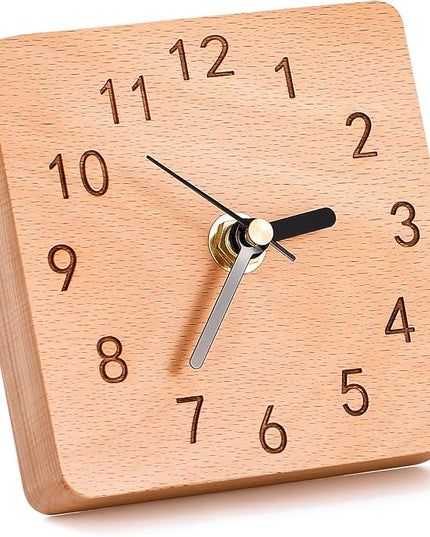 Kattepote Wooden Table Clock on Stand, Decorative Battery Operated Desk and Shelf Clock, Silent Non-Ticking Desktop Clock for Office, Living Room or Bedroom Decor, Square Shape, Beech Wood