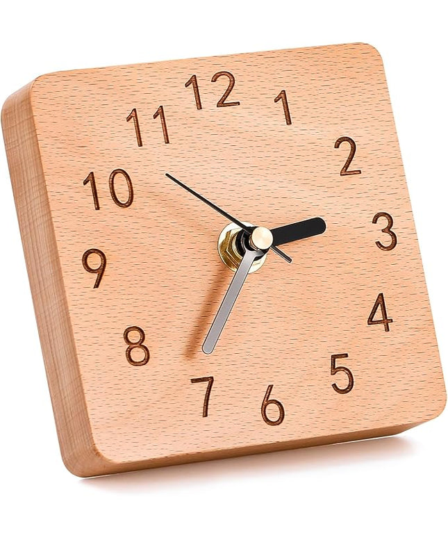 Kattepote Wooden Table Clock on Stand, Decorative Battery Operated Desk and Shelf Clock, Silent Non-Ticking Desktop Clock for Office, Living Room or Bedroom Decor, Square Shape, Beech Wood