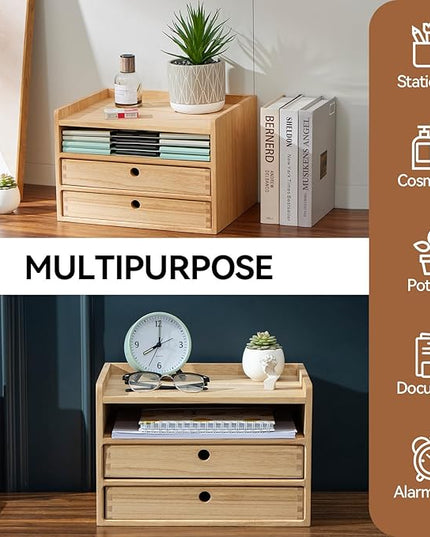 KIRIGEN Desktop Organizer with 2 Drawers and Tray - Wood Office Desk Storage Shelf for Office Supplies - Small Cabinet for Countertop Accessories Storage 3 Layer Natural（DT3D2C-NA）