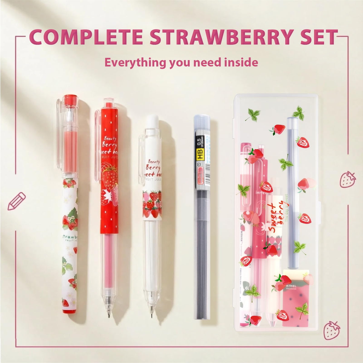 Mangpung Cute Strawberry Pens Set Include Kawaii 0.5mm Strawberry Mechanical Pencil,Mechanical Pencil Lead Refills,Erasers,Gel Pens,Stickers,Strawberry Stationery Set for Office School Supplies