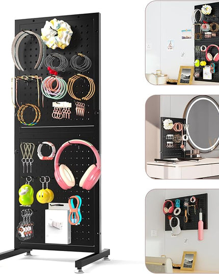 Metal Pegboard Shelf - Peg Board Display Wall Mount with 24 Hooks, 12.5x32.8 In Portable Garage Desktop Pegboard Organizer Retail Display Rack For Jewelry Hair Accessories, Mobile Phone Shop/Black