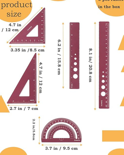 Zotemo Metal Geometry Set, 5-Piece Aluminum Ruler, Math Drafting Ruler Kit Includes Protractor, Triangle Rulers, Straight Rulers-Math Measurement Tools for School and Office Supplies (Plum Red)