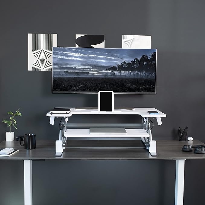 VIVO 36 inch Height Adjustable Stand Up Desk Converter, V Series, Quick Sit to Stand Tabletop Dual Monitor Riser Workstation, White, DESK-V000VW