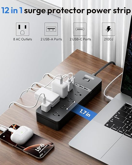 25 ft Extension Cord Flat Plug, NTONPOWER 8 Outlet Surge Protector Power Strip with 4 USB Ports(2 USB C), 15A Circuit Breaker, Wall Mount Surge Protector for Home, Office, Workbench or Garage,Black
