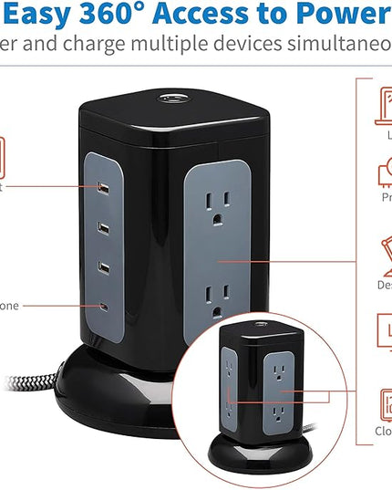 Tripp Lite TLP606UCTOWER Charging Tower Power Strip Surge Protector & Charging Station with USB Ports, 1800 Joules, 6 Outlets, 3 USB-A + 1 USB-C, 8ft Cord, Dorm Room Essentials Desk Accessory