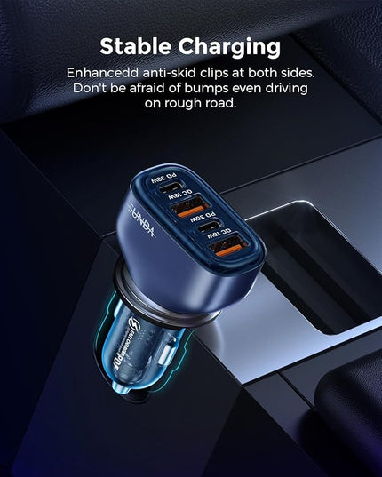 SUNDA 60W USB C Fast Car Charger, 4-Ports Car Charger Adapter, Dual Type C PD30W/PPS30W Compatible with iPhone17/16 Pro/Max/iPhone15/Galaxy/SamsungS25, Dual USB-A 18W QC3.0 for Android(Blue)